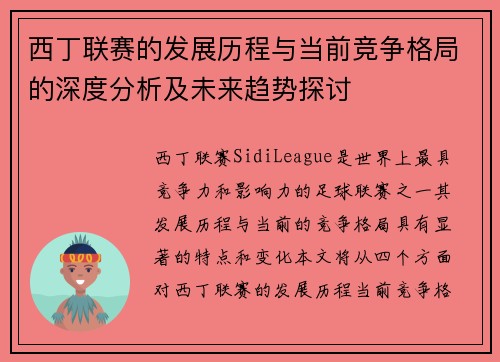 西丁联赛的发展历程与当前竞争格局的深度分析及未来趋势探讨