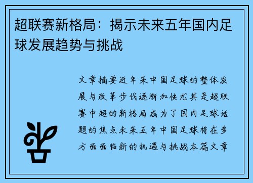 超联赛新格局：揭示未来五年国内足球发展趋势与挑战