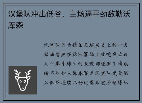 汉堡队冲出低谷，主场逼平劲敌勒沃库森