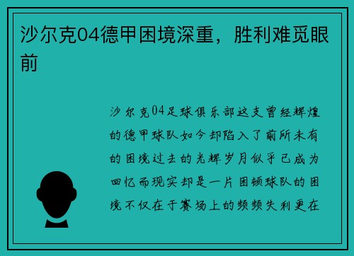 沙尔克04德甲困境深重，胜利难觅眼前