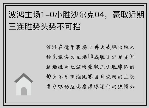 波鸿主场1-0小胜沙尔克04，豪取近期三连胜势头势不可挡