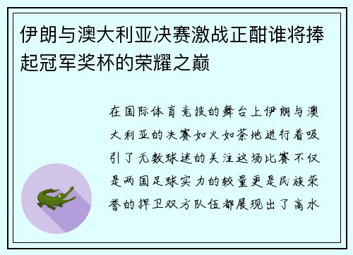 伊朗与澳大利亚决赛激战正酣谁将捧起冠军奖杯的荣耀之巅