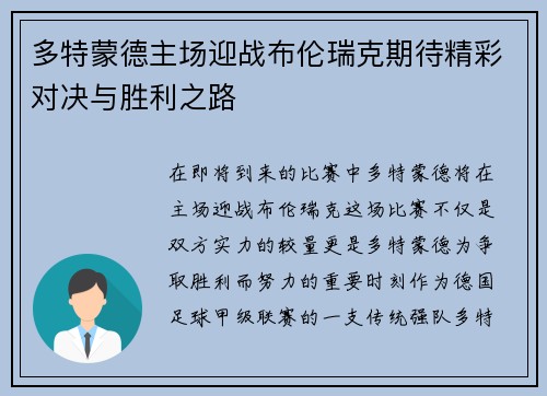 多特蒙德主场迎战布伦瑞克期待精彩对决与胜利之路